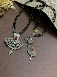 ABDESIGNS Gold-Plated White  Stone-Studded & Black Beaded Mangalsutra With Earrings