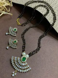 ABDESIGNS Gold-Plated Stone-Studded & Black Beaded Mangalsutra With Earrings