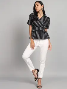 The Dry State Striped Puff Sleeve Peplum Top