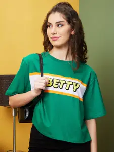 Globus Green Typography Printed Boxy Pure Cotton T-shirt