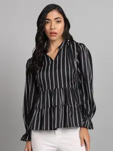 The Dry State Black & White Striped Bishop Sleeves Peplum Top