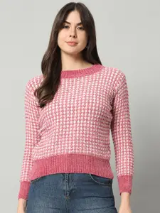 BROOWL Women Peach-Coloured Checked Woollen Pullover