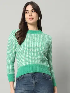 BROOWL Women Green Checked Woollen Pullover