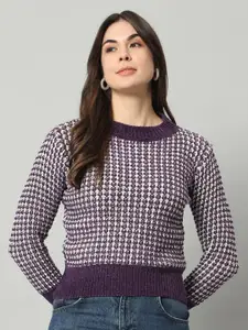 BROOWL Women Purple Checked Woollen Pullover