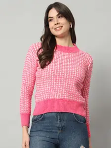 BROOWL Women Pink Checked Woollen Pullover