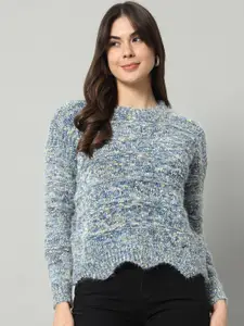 BROOWL Women Blue & Multicoloured Speckled Woollen Pullover