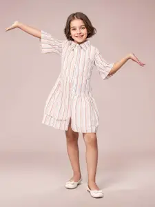 Toonyport Girls Striped Shirt Collar Bell Sleeve Cotton Dress