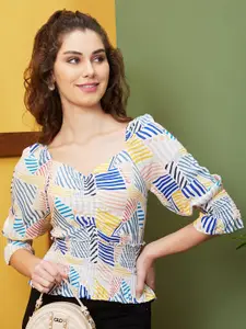 Globus Blue & Yellow Abstract Printed Sweetheart Neck Puff Sleeve Opaque Casual Top