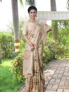 Amoha Silk Ethnic Motifs Printed Woven Design Zari Pure Silk Tussar Saree