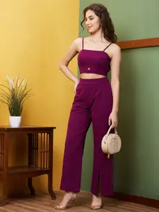 Globus Women Purple Solid Co-Ord Set With Shoulder Straps Top & Trouser