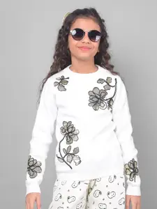 Crimsoune Club Girls Off White Floral Printed Pullover