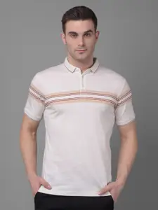Crimsoune Club Men Off White Striped Polo Collar Slim Fit T-shirt