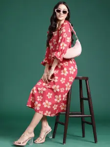 DressBerry Floral Print Cotton Ruffled A-Line Midi Dress