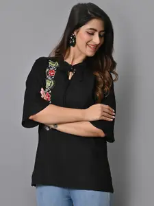 IQRAAR Floral Embroidered Tie-Up Neck Flared Sleeves Top