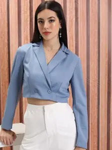 Tokyo Talkies Blue Double-Breasted Cropped Blazer