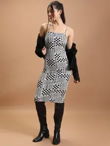 Tokyo Talkies White & Black Geometric Print Fitted Bodycon Dress