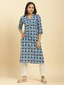 W Blue & White Geometric Printed Mandarin Collar Cotton A-Line Kurta