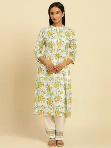 W Floral Printed Mandarin Collar Straight Kurta