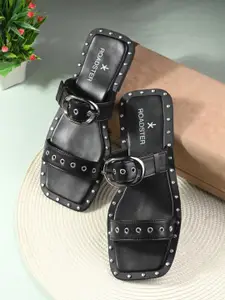 The Roadster Lifestyle Co. Black Embellished Double Strap Open Toe Flats With Buckel