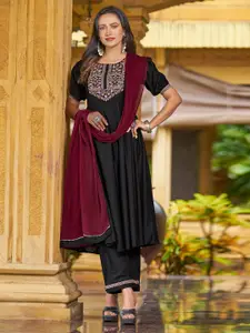 KALINI Embroidered Short Sleeves Thread Work Kurti with Palazzos & With Dupatta