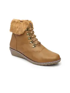 VALIOSAA Women Faux Fur Trim Lace-Up Wedge-Heeled Winter Boots