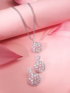 Rubans Rhodium-Plated Crystal Zirconia Floral Statement Pendant Set