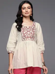 Libas Floral Yoke Design Sequinned Pure Cotton Puff Sleeves Pleated Kurti