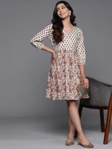Libas Floral Print V-Neck Puff Sleeve Gathered Or Pleated Wrap Dress