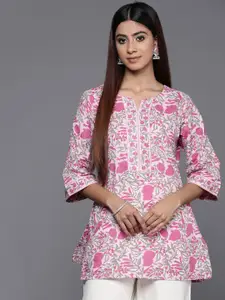 Libas Pink & White Floral Printed Flared Sleeves Pure Cotton Kurti