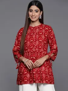Libas Floral Print Band Collar  Tie-Up Sleeves Pleated Kurti