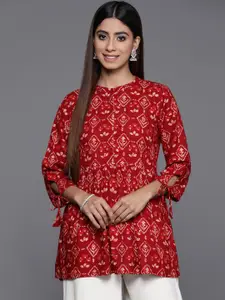 Libas Floral Print Band Collar  Tie-Up Sleeves Pleated Kurti