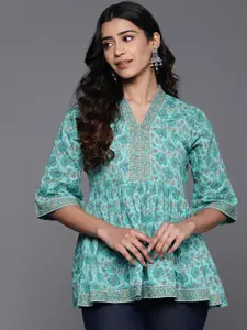 Libas Floral Block Printed V-Neck Flared Sleeves Pure Cotton Pleated A-Line Kurti