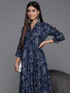 Libas Floral Print Band Collar Puff Sleeve Gathered Or Pleated Silk Fit & Flare Maxi Dress