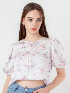 Zink London Floral Printed Round Neck Puff Sleeve Top