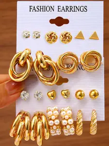 Shining Diva Fashion Set Of 11 Gold-Plated Stone-Studded Beaded Studs & Hoop Earrings