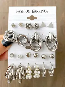 Shining Diva Fashion Set Of 11 Silver-Plated Stone-Studded Beaded Studs & Hoop Earrings
