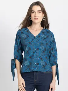 SHAYE Comfort Floral Printed V-Neck Short Sleeves Opaque Casual Shirt