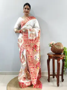 AWRIYA White Paisley Zari Silk Blend Ready to Wear Banarasi Saree
