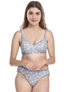 PIBU Floral Printed Lightly Padded Cotton Bra With Brief