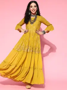 Sangria Mustard Sequined Zari Georgette Maxi Ethnic Dresses