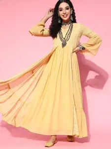 Sangria Ethnic Motifs Zari Sequined Embroidered Georgette Maxi Ethnic Dresses