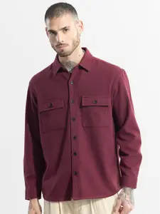 Snitch Maroon Chest Pocket Classic Tailored Fit Cotton Opaque Casual Shirt