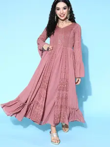 Sangria Pink Sequined Mirror Work Georgette Maxi Ethnic Dresses