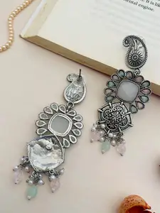 ABDESIGNS German Silver-Plated Stone Studded Beaded Oxidised Classic Drop Earrings