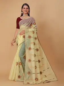 DRIZOMIZ Floral Embroidered Organza Tussar Saree