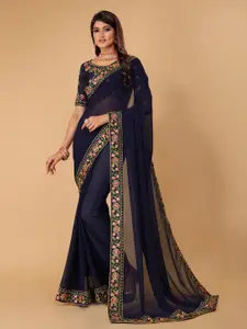 DRIZOMIZ Floral Embroidered Pure Georgette Bhagalpuri Saree