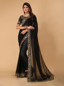 DRIZOMIZ Floral Embroidered Pure Georgette Bhagalpuri Saree