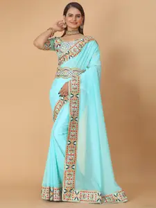 DRIZOMIZ  Embroidered Pure Georgette Ikat Saree With Waist Belt