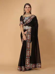 DRIZOMIZ Embroidered Pure Georgette Ikat Saree With Waist Belt