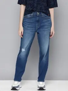 Levis Women Mom Fit Low Distress High Rise Heavy Fade Stretchable Jeans